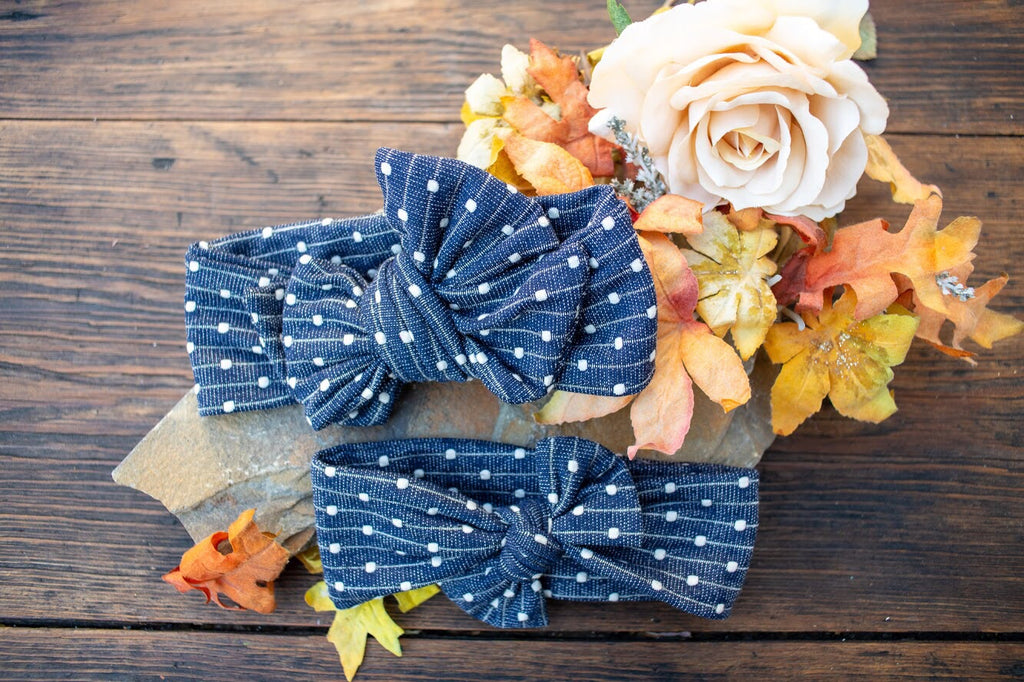 Denim and White Embossed Dot Bow or Bow Knot