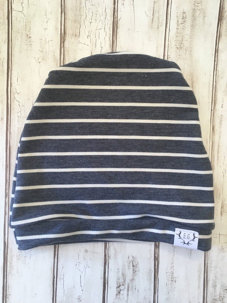 Charcoal grey with white stripes slouchy beanie