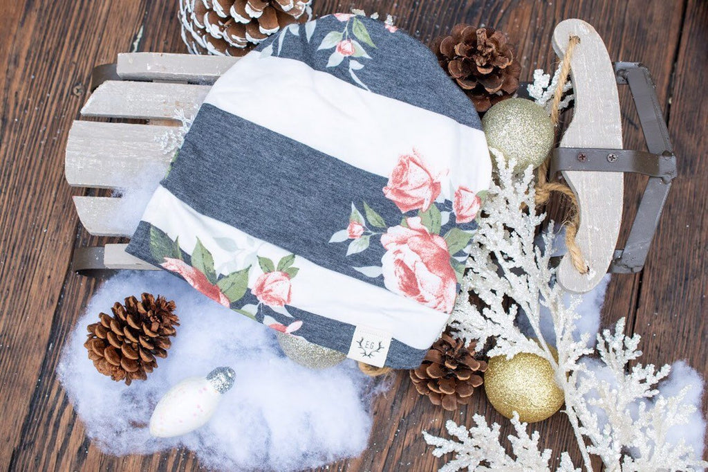 Gray and White Striped Floral Slouchy Beanie